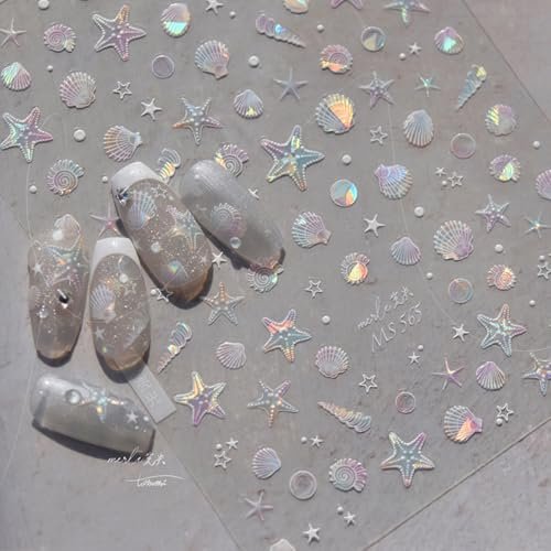 Summer Seashell Starfish Nail Art Stickers - Shiny Shell Marine Life Nail Decals, 5D Acrylic Engraved Adhesive Sliders for Women & Girls - görsel 1