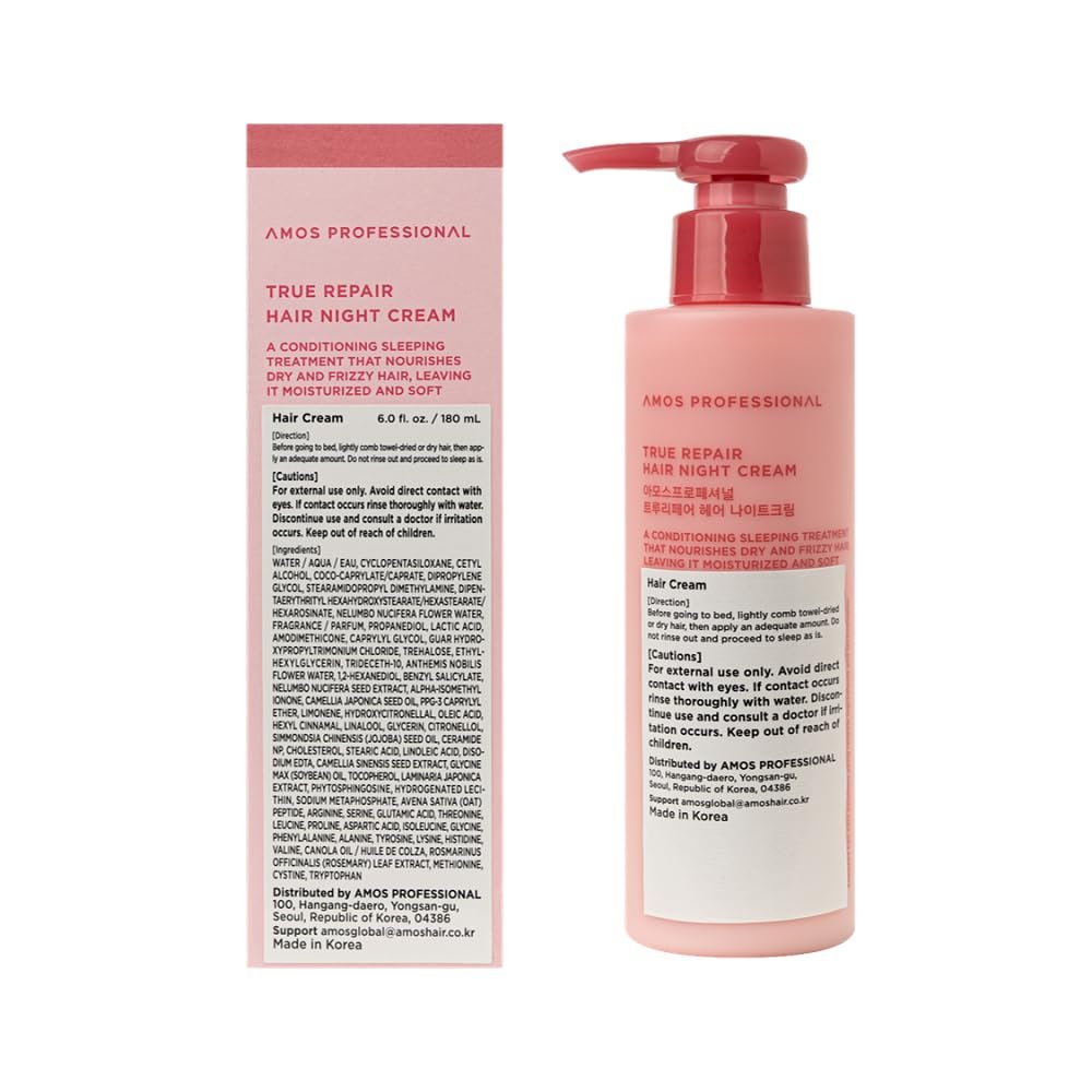 AMOS PROFESSIONAL True Repair Hair Night Cream 6.0 fl oz – K-Beauty Overnight Hair Primer & Leave-In Conditioner for Dry & Damaged Hair Avelisse