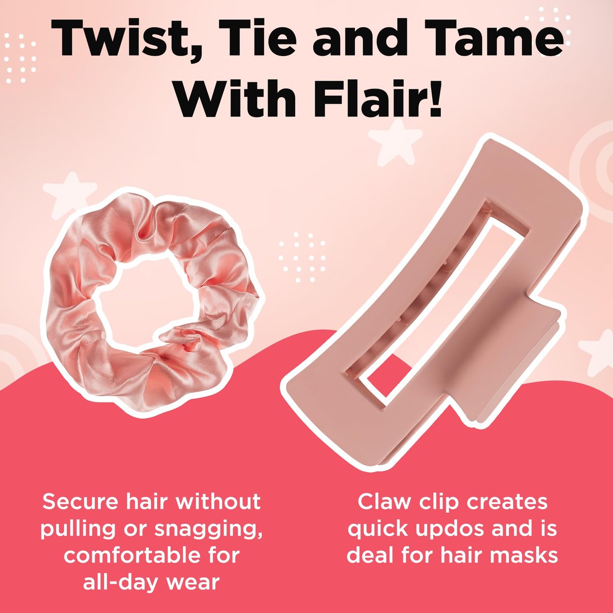 6 Pcs Hair Brush Set with Brush & Combs - Detangling Brush for All Types with Wide Tooth & Tail Comb, Scrunchie & Claw Clip - Hair Care Gift Set with Stickers for Teen Girls, Women & Kids Avelisse