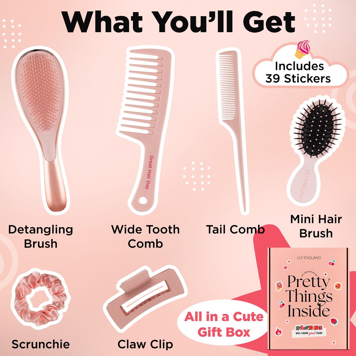6 Pcs Hair Brush Set with Brush & Combs - Detangling Brush for All Types with Wide Tooth & Tail Comb, Scrunchie & Claw Clip - Hair Care Gift Set with Stickers for Teen Girls, Women & Kids Avelisse