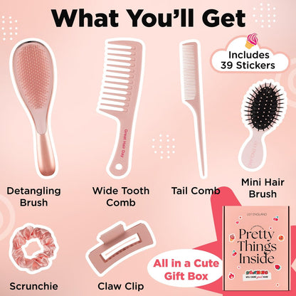 6 Pcs Hair Brush Set with Brush & Combs - Detangling Brush for All Types with Wide Tooth & Tail Comb, Scrunchie & Claw Clip - Hair Care Gift Set with Stickers for Teen Girls, Women & Kids Avelisse