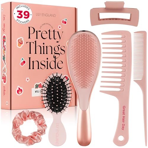 6 Pcs Hair Brush Set with Brush & Combs - Detangling Brush for All Types with Wide Tooth & Tail Comb, Scrunchie & Claw Clip - Hair Care Gift Set with Stickers for Teen Girls, Women & Kids Avelisse