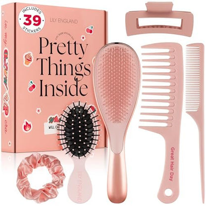6 Pcs Hair Brush Set with Brush & Combs - Detangling Brush for All Types with Wide Tooth & Tail Comb, Scrunchie & Claw Clip - Hair Care Gift Set with Stickers for Teen Girls, Women & Kids Avelisse