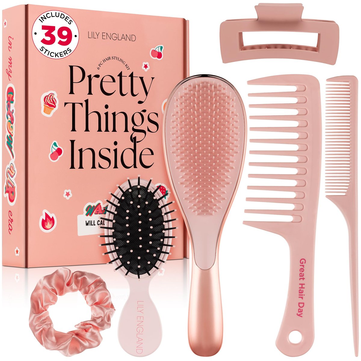 6 Pcs Hair Brush Set with Brush & Combs - Detangling Brush for All Types with Wide Tooth & Tail Comb, Scrunchie & Claw Clip - Hair Care Gift Set with Stickers for Teen Girls, Women & Kids Avelisse