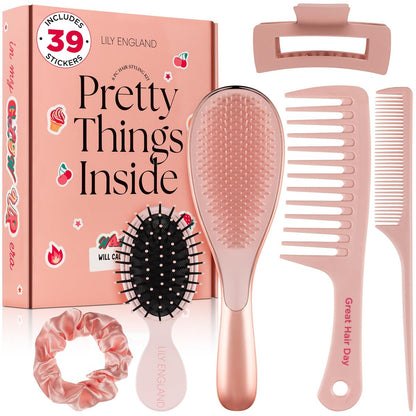 6 Pcs Hair Brush Set with Brush & Combs - Detangling Brush for All Types with Wide Tooth & Tail Comb, Scrunchie & Claw Clip - Hair Care Gift Set with Stickers for Teen Girls, Women & Kids Avelisse