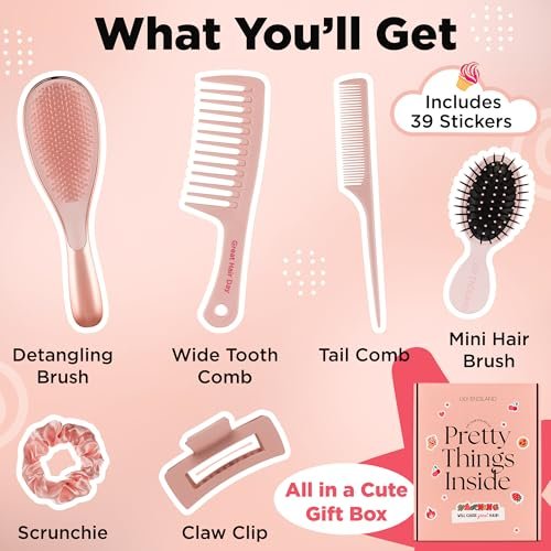 6 Pcs Hair Brush Set with Brush & Combs - Detangling Brush for All Types with Wide Tooth & Tail Comb, Scrunchie & Claw Clip - Hair Care Gift Set with Stickers for Teen Girls, Women & Kids Avelisse