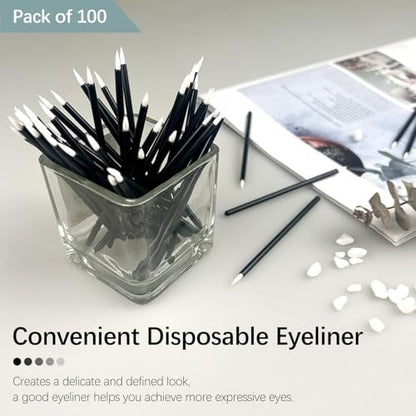 Jaasuee 100-Pack Black Disposable Eyeliner Brushes - Precision Cosmetic Eye Wands for Eyeliners, Lip Liners, and Detail Makeup