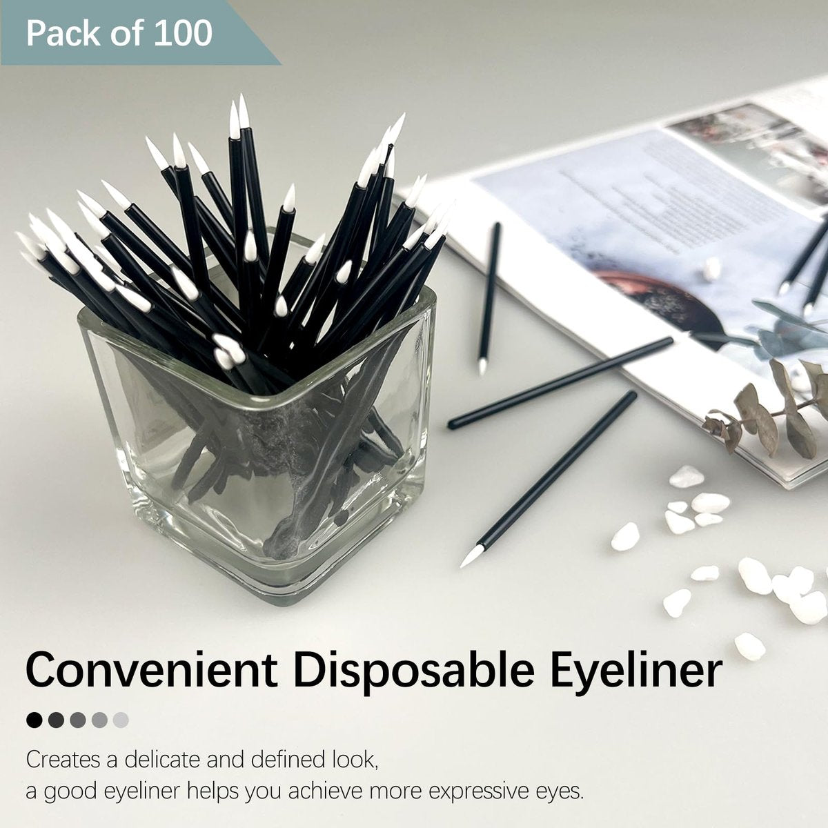 Jaasuee 100-Pack Black Disposable Eyeliner Brushes - Precision Cosmetic Eye Wands for Eyeliners, Lip Liners, and Detail Makeup - görsel 3