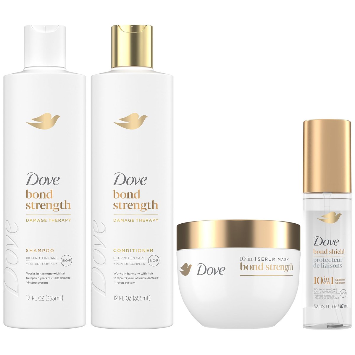 Dove Bond Strength Damage Therapy System – Shampoo, Conditioner, 10-in-1 Shield Serum & Peptide Mask – 4 Piece Set for Hair Repair and Anti-Frizz Avelisse