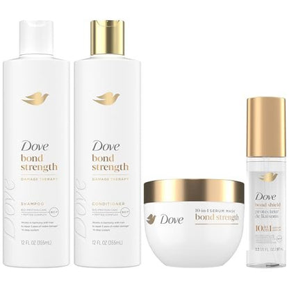 Dove Bond Strength Damage Therapy System – Shampoo, Conditioner, 10-in-1 Shield Serum & Peptide Mask – 4 Piece Set for Hair Repair and Anti-Frizz Avelisse