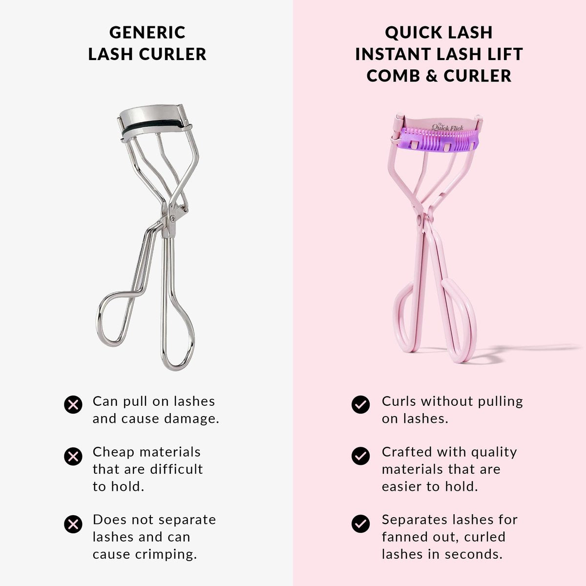 THE QUICK FLICK Eyelash Curler - Stainless Steel with Comb, Pink, Travel-Friendly for Separated & Curled Lashes Avelisse