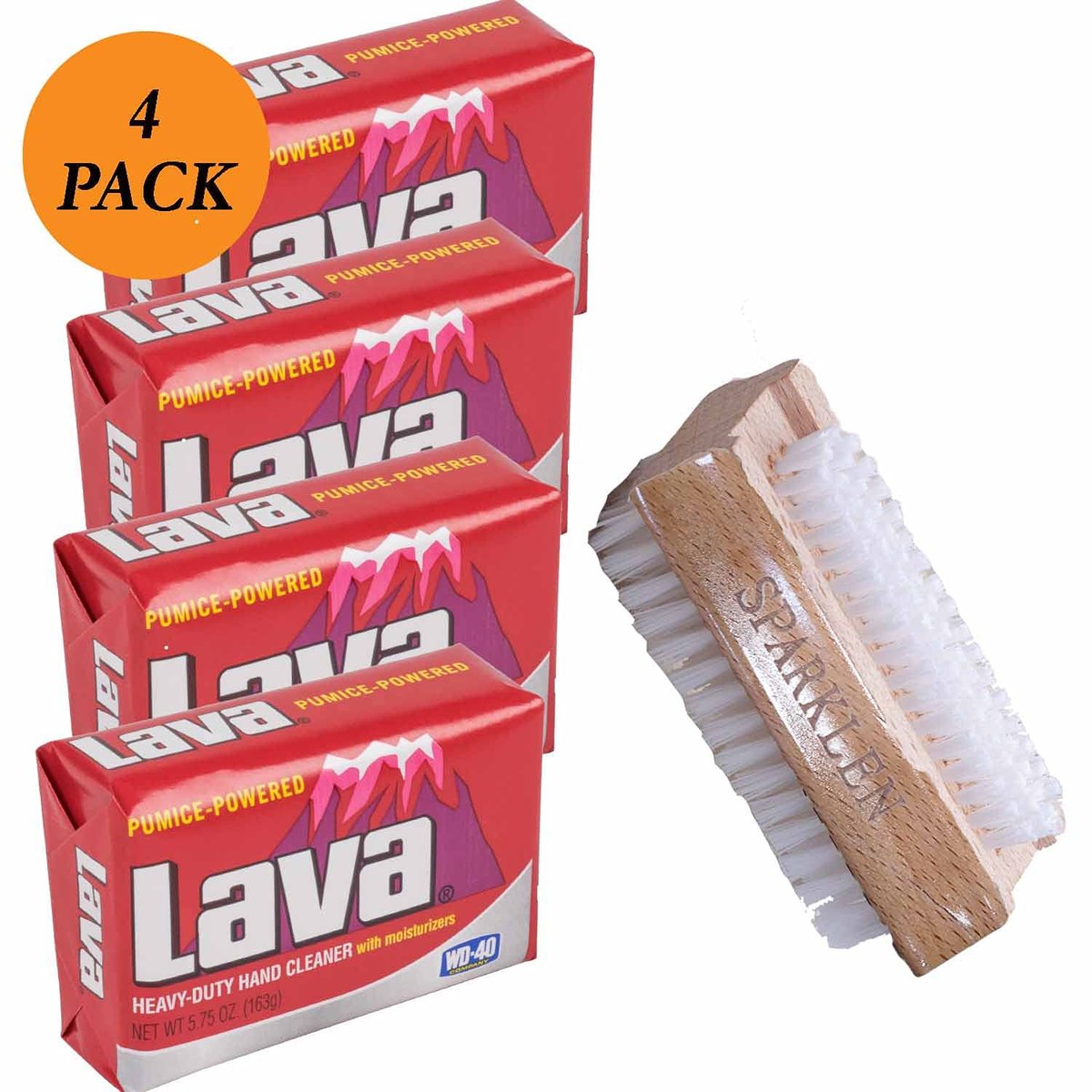 SPARKLEN. Lava Heavy-Duty Pumice Hand Cleaner Soap with Moisturizers, 4-Bars (5.75 oz each) + Wooden Nail Brush Avelisse