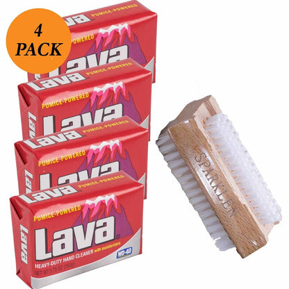 SPARKLEN. Lava Heavy-Duty Pumice Hand Cleaner Soap with Moisturizers, 4-Bars (5.75 oz each) + Wooden Nail Brush Avelisse