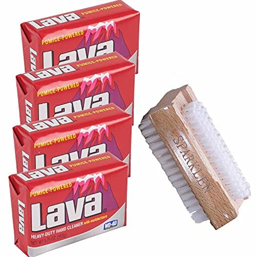 SPARKLEN. Lava Heavy-Duty Pumice Hand Cleaner Soap with Moisturizers, 4-Bars (5.75 oz each) + Wooden Nail Brush Avelisse