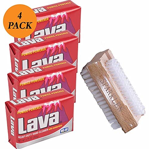 SPARKLEN. Lava Heavy-Duty Pumice Hand Cleaner Soap with Moisturizers, 4-Bars (5.75 oz each) + Wooden Nail Brush Avelisse