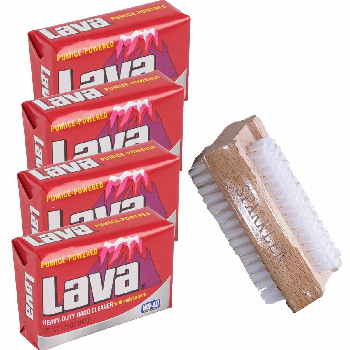 SPARKLEN. Lava Heavy-Duty Pumice Hand Cleaner Soap with Moisturizers, 4-Bars (5.75 oz each) + Wooden Nail Brush Avelisse