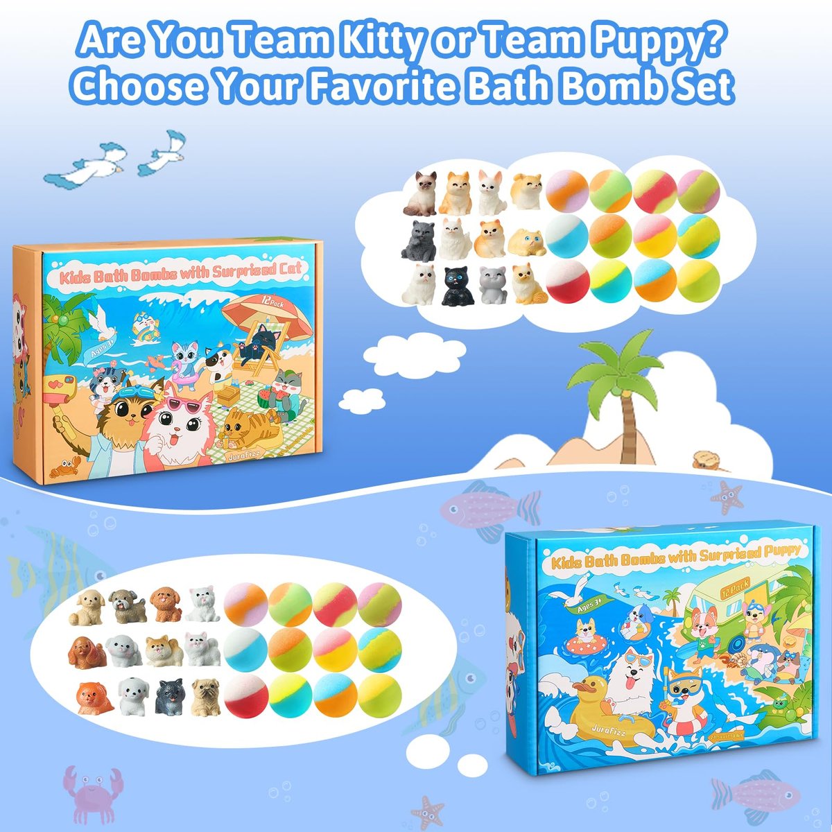 JuraFizz 24-Pack Bath Bombs for Kids with Surprise Inside – Puppy & Cat Toys, Child-Safe Natural Fizzies for Girls and Boys, Birthday Party Favors Avelisse