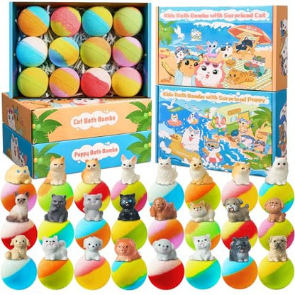 JuraFizz 24-Pack Bath Bombs for Kids with Surprise Inside – Puppy & Cat Toys, Child-Safe Natural Fizzies for Girls and Boys, Birthday Party Favors Avelisse