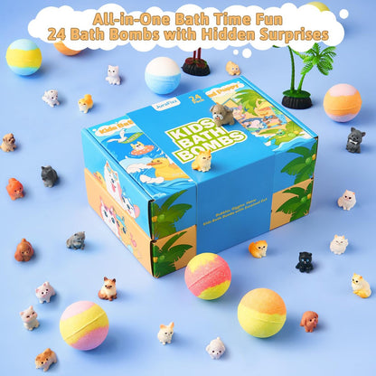 JuraFizz 24-Pack Bath Bombs for Kids with Surprise Inside – Puppy & Cat Toys, Child-Safe Natural Fizzies for Girls and Boys, Birthday Party Favors Avelisse
