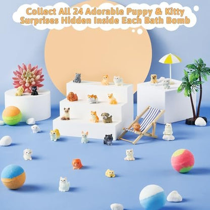 JuraFizz 24-Pack Bath Bombs for Kids with Surprise Inside – Puppy & Cat Toys, Child-Safe Natural Fizzies for Girls and Boys, Birthday Party Favors Avelisse