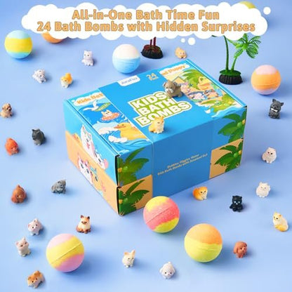 JuraFizz 24-Pack Bath Bombs for Kids with Surprise Inside – Puppy & Cat Toys, Child-Safe Natural Fizzies for Girls and Boys, Birthday Party Favors Avelisse