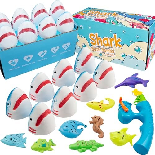 JOI MEW Shark Bath Bombs for Kids with Surprise Fishing Toy Set - 8 Exploding Bath Balls & 9 Fishing Toys, Natural Handmade Organic Fizzies, Ideal Gift for Boys Girls Avelisse