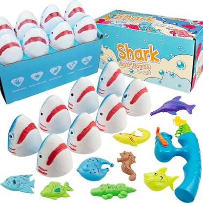 JOI MEW Shark Bath Bombs for Kids with Surprise Fishing Toy Set - 8 Exploding Bath Balls & 9 Fishing Toys, Natural Handmade Organic Fizzies, Ideal Gift for Boys Girls Avelisse