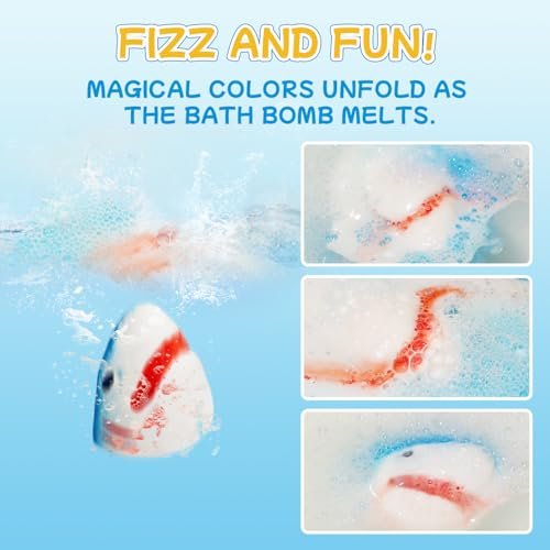 JOI MEW Shark Bath Bombs for Kids with Surprise Fishing Toy Set - 8 Exploding Bath Balls & 9 Fishing Toys, Natural Handmade Organic Fizzies, Ideal Gift for Boys Girls Avelisse