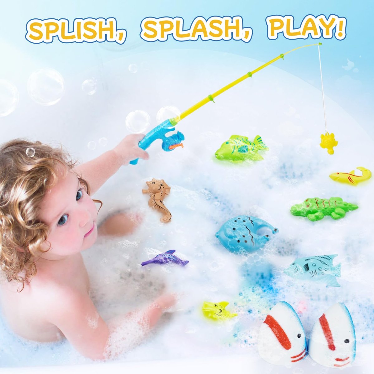 JOI MEW Shark Bath Bombs for Kids with Surprise Fishing Toy Set - 8 Exploding Bath Balls & 9 Fishing Toys, Natural Handmade Organic Fizzies, Ideal Gift for Boys Girls Avelisse