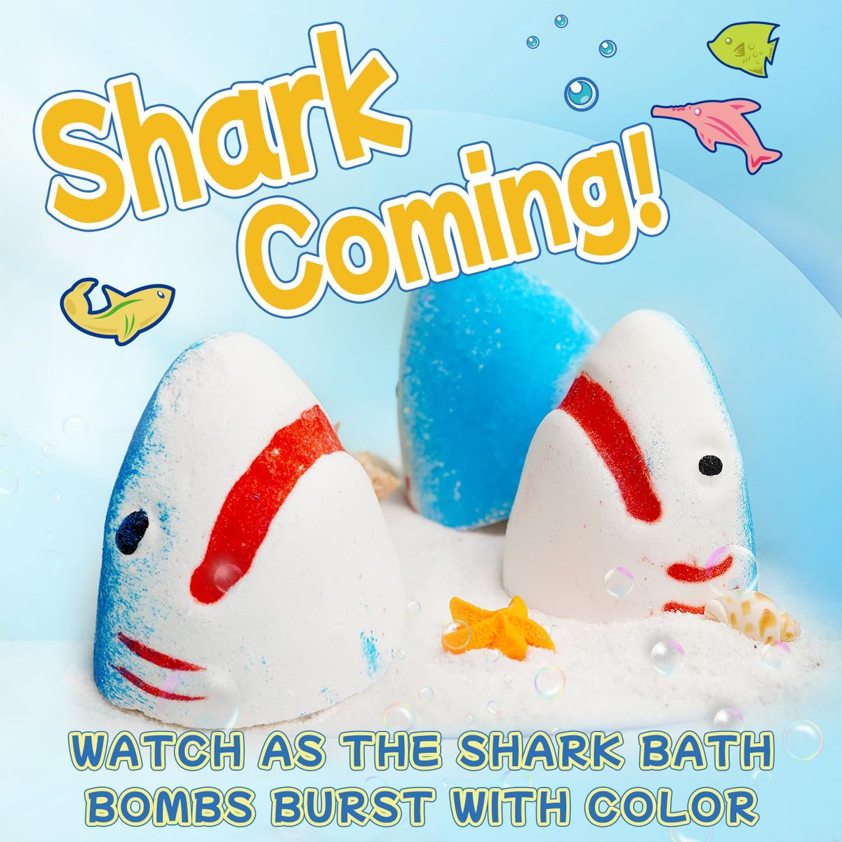 JOI MEW Shark Bath Bombs for Kids with Surprise Fishing Toy Set - 8 Exploding Bath Balls & 9 Fishing Toys, Natural Handmade Organic Fizzies, Ideal Gift for Boys Girls Avelisse