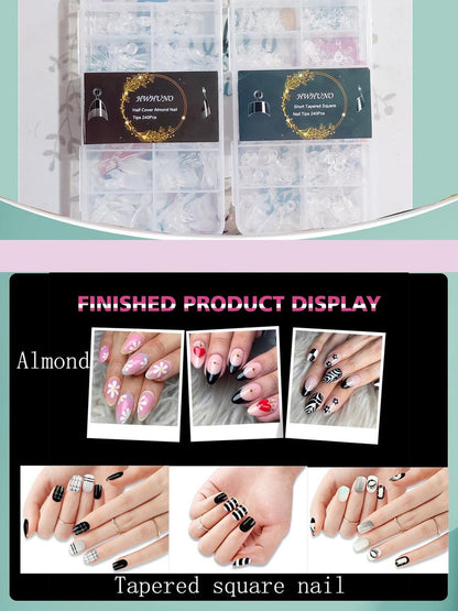 HWHUNO 480Pcs Extra Short Half Cover Almond & Tapered Square Nail Tips - Clear Acrylic Gel Nail Tips Set, XXS Pre-Shaped for Manicure Home DIY Salon, 12 Sizes