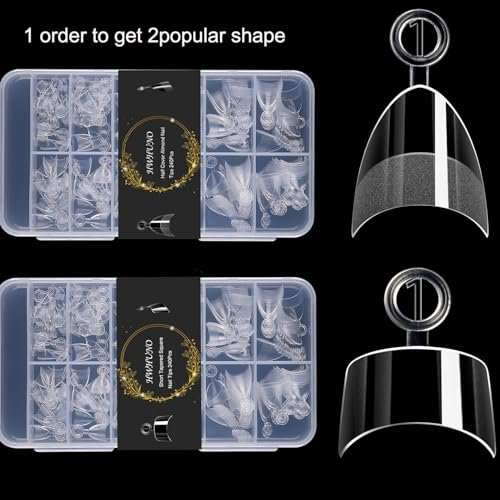 HWHUNO 480Pcs Extra Short Half Cover Almond & Tapered Square Nail Tips - Clear Acrylic Gel Nail Tips Set, XXS Pre-Shaped for Manicure Home DIY Salon, 12 Sizes - görsel 10