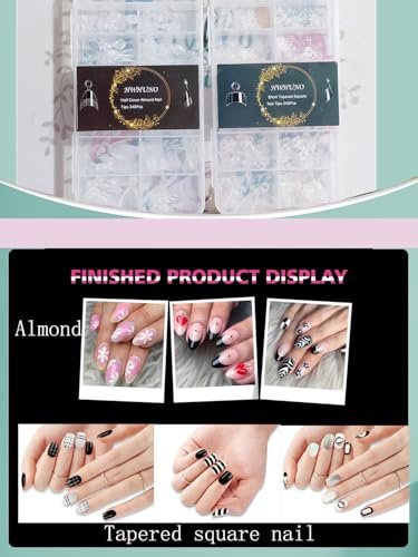 HWHUNO 480Pcs Extra Short Half Cover Almond & Tapered Square Nail Tips - Clear Acrylic Gel Nail Tips Set, XXS Pre-Shaped for Manicure Home DIY Salon, 12 Sizes - görsel 8