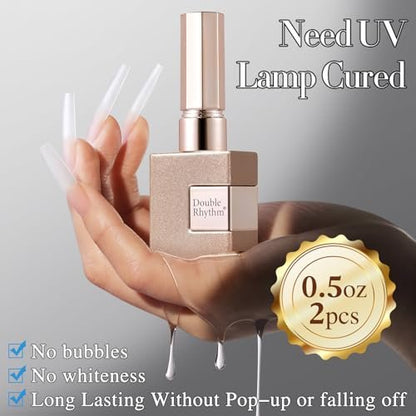 Double Rhythm 2 Pcs 0.5 Oz Nail Glue Gel Set for False Acrylic Nail Tips and Press on Nails - UV Resin Gel Nail Polish Kit for Salon DIY, No Lamp Needed (Clear)