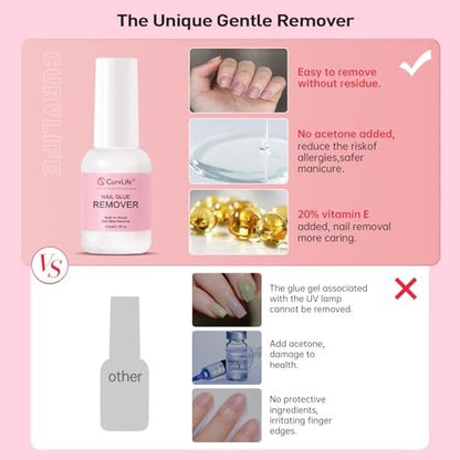 Curvlife Multi-functional Brush-on Nail Glue Remover 20ml - Cuticle Pusher for Press On & Fake Nails