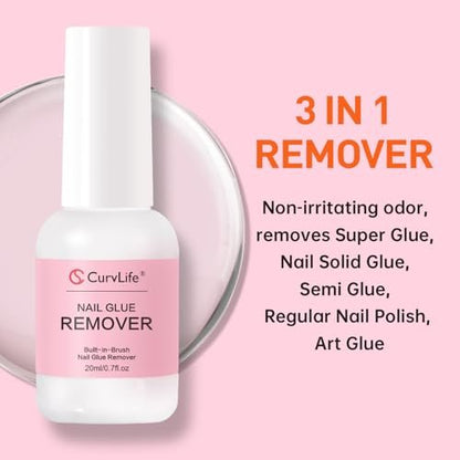 Curvlife Multi-functional Brush-on Nail Glue Remover 20ml - Cuticle Pusher for Press On & Fake Nails