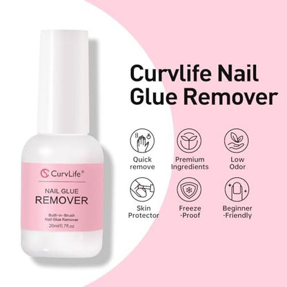 Curvlife Multi-functional Brush-on Nail Glue Remover 20ml - Cuticle Pusher for Press On & Fake Nails
