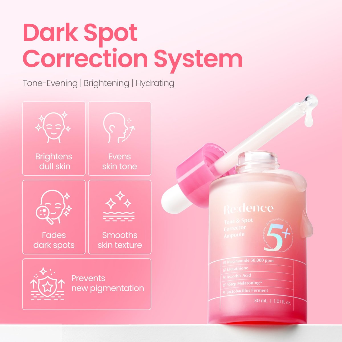 Redence Dark Spot Corrector Serum with 5% Niacinamide & Vitamin C | Tone & Spot Ampoule for Uneven Tone & Hydration | Korean Daily Skincare for All Skin Types | 30ml / 1 fl oz Avelisse