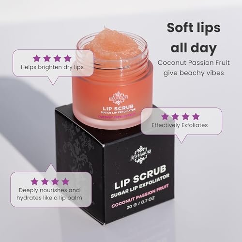 Dermasuri Lip Exfoliator Scrub & Moisturizer – Sugar Scrub for Dark Lips, Overnight Hydration, Coconut Passion Fruit – 0.7 oz - görsel 5