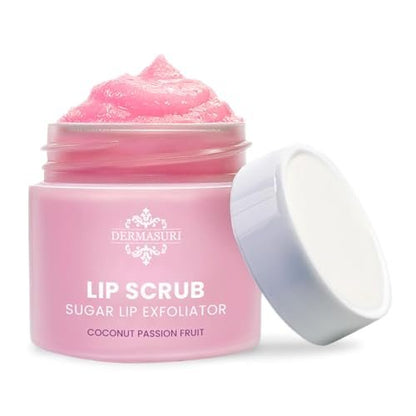 Dermasuri Lip Exfoliator Scrub & Moisturizer – Sugar Scrub for Dark Lips, Overnight Hydration, Coconut Passion Fruit – 0.7 oz