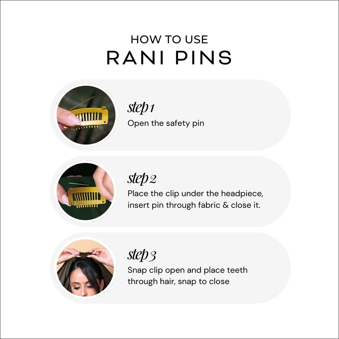Rani Pins Premium 6 Large Heavy Duty Dupatta Clips - Black, Gold, Silver - Securely Attach Dupatta, Chunni, Hijab, Veils & Wigs to Hair Avelisse