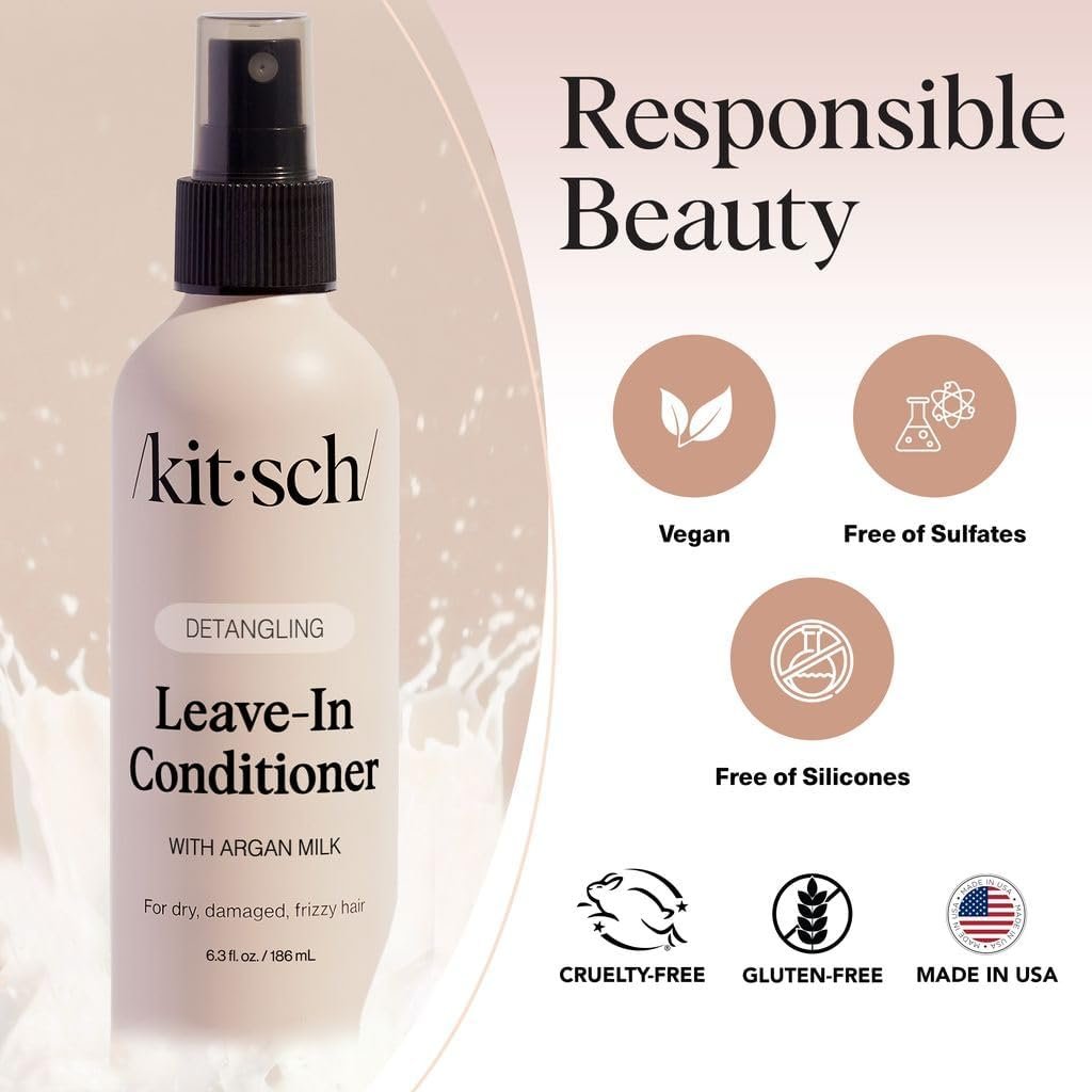 Kitsch Argan Milk Leave In Conditioner Spray – Hair Detangler for Curly, Wavy, Fine, Dry & Damaged Hair – Silicone-Free, 6.3 oz Avelisse