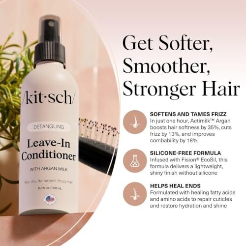 Kitsch Argan Milk Leave In Conditioner Spray – Hair Detangler for Curly, Wavy, Fine, Dry & Damaged Hair – Silicone-Free, 6.3 oz Avelisse