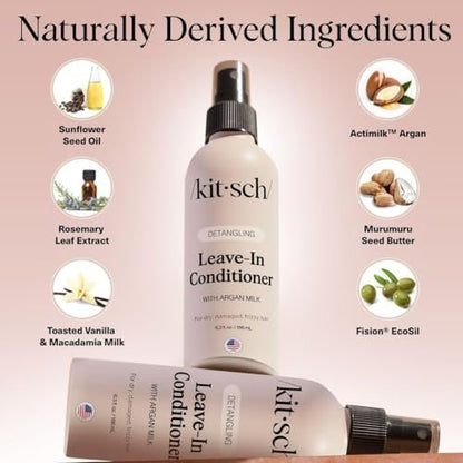 Kitsch Argan Milk Leave In Conditioner Spray – Hair Detangler for Curly, Wavy, Fine, Dry & Damaged Hair – Silicone-Free, 6.3 oz Avelisse