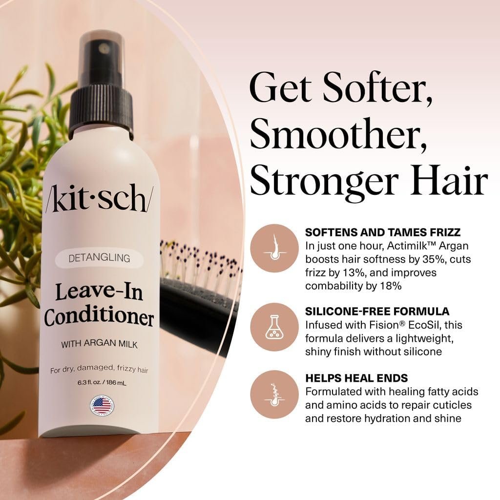 Kitsch Argan Milk Leave In Conditioner Spray – Hair Detangler for Curly, Wavy, Fine, Dry & Damaged Hair – Silicone-Free, 6.3 oz Avelisse