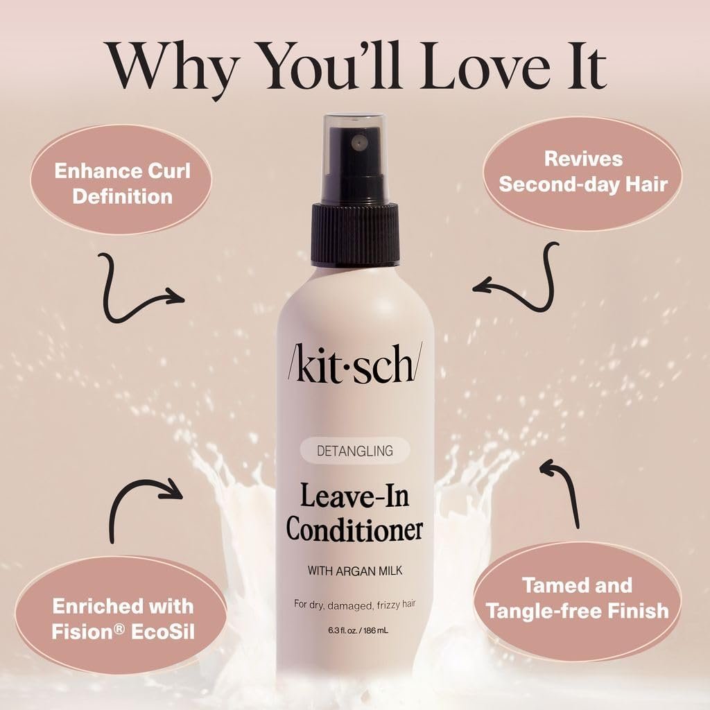 Kitsch Argan Milk Leave In Conditioner Spray – Hair Detangler for Curly, Wavy, Fine, Dry & Damaged Hair – Silicone-Free, 6.3 oz Avelisse