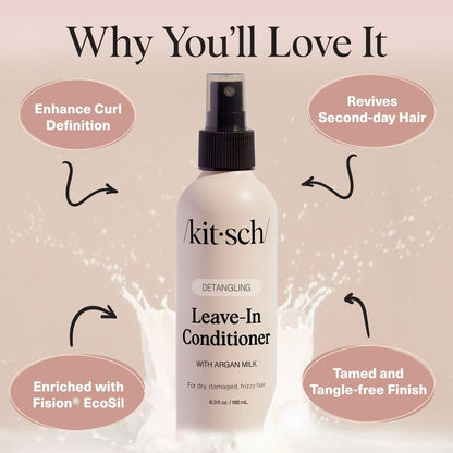 Kitsch Argan Milk Leave In Conditioner Spray – Hair Detangler for Curly, Wavy, Fine, Dry & Damaged Hair – Silicone-Free, 6.3 oz Avelisse