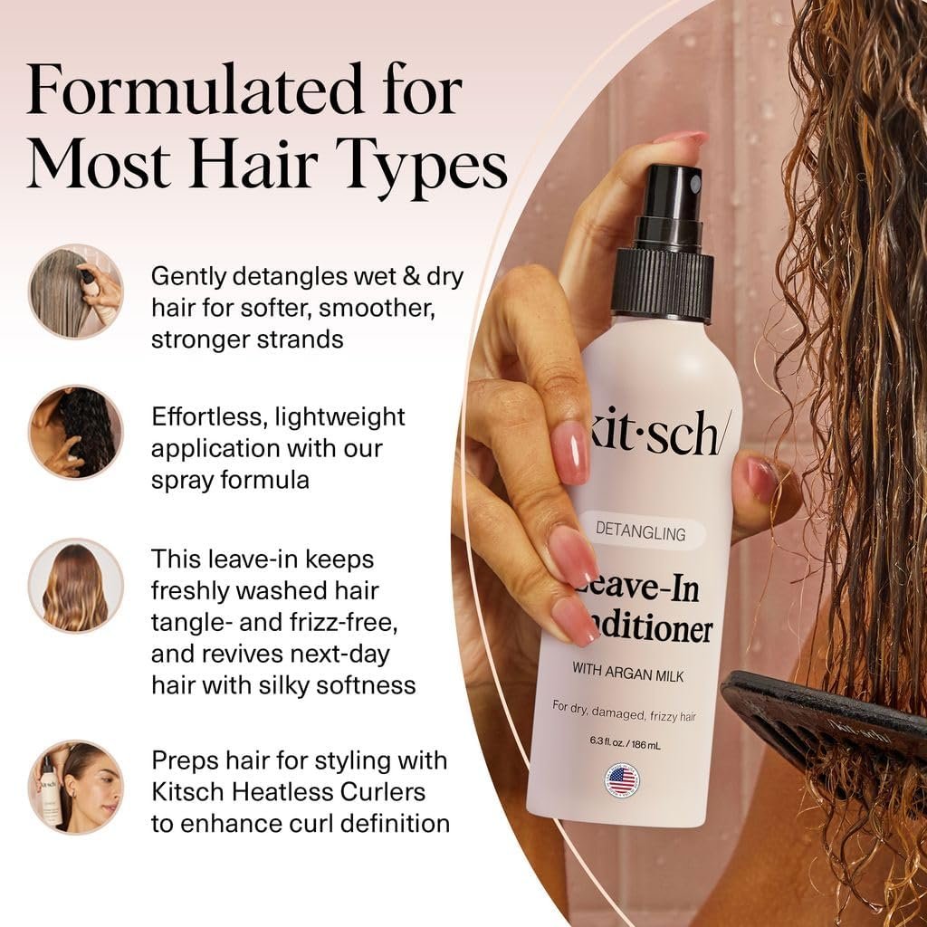 Kitsch Argan Milk Leave In Conditioner Spray – Hair Detangler for Curly, Wavy, Fine, Dry & Damaged Hair – Silicone-Free, 6.3 oz Avelisse
