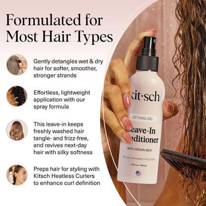 Kitsch Argan Milk Leave In Conditioner Spray – Hair Detangler for Curly, Wavy, Fine, Dry & Damaged Hair – Silicone-Free, 6.3 oz Avelisse