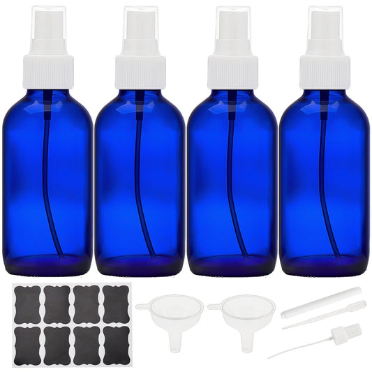 Bastelica Cobalt Blue Glass Spray Bottles 4 oz - Fine Mist Sprayers for Essential Oils, Face, Hair, Plants, Travel, Perfumes, Cleaning - 4 Pack